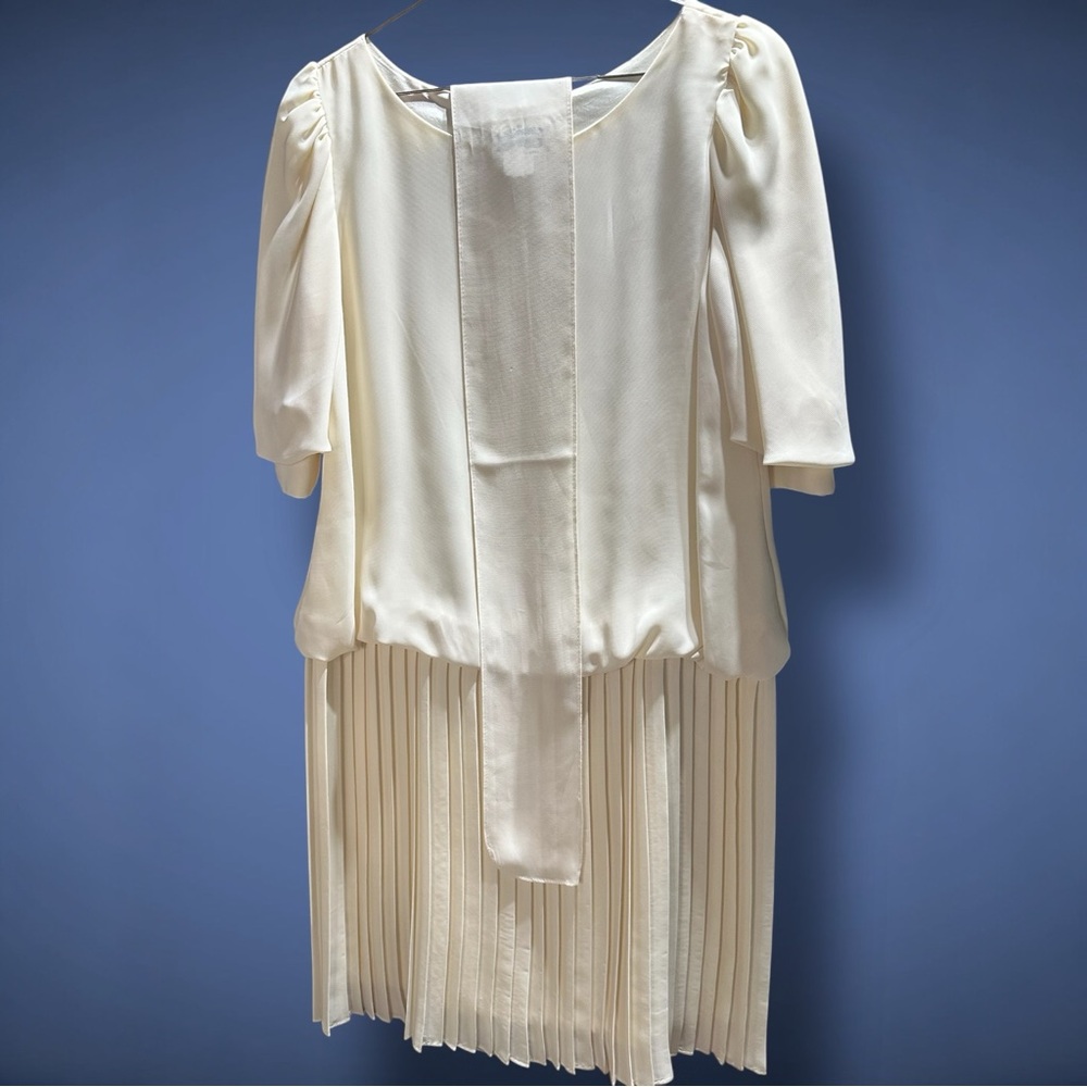 Vintage Cream Pleated Sheath Dress with Puff Sleeves Wedding Belted Sz 5/6